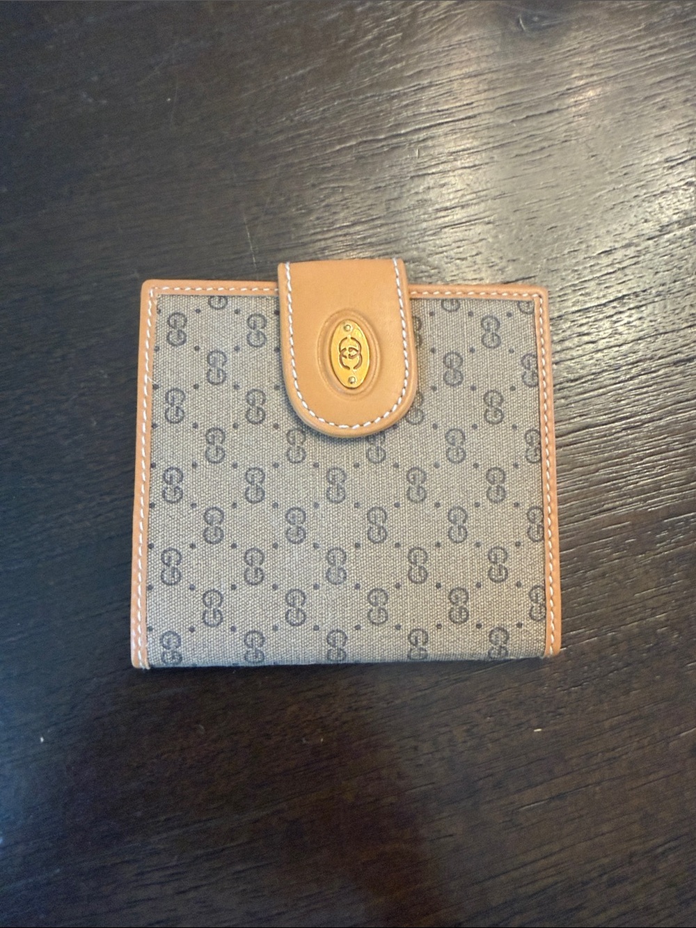 Authentic Gucci Beige GG Canvas Bifold Wallet with Tan Leather Trim